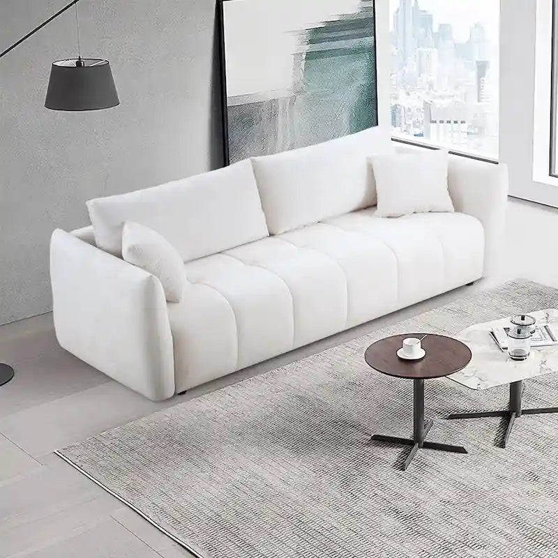 85" 3-Seater Fabric Sofa with 2 Pillows – Beige / Red / Creamy White