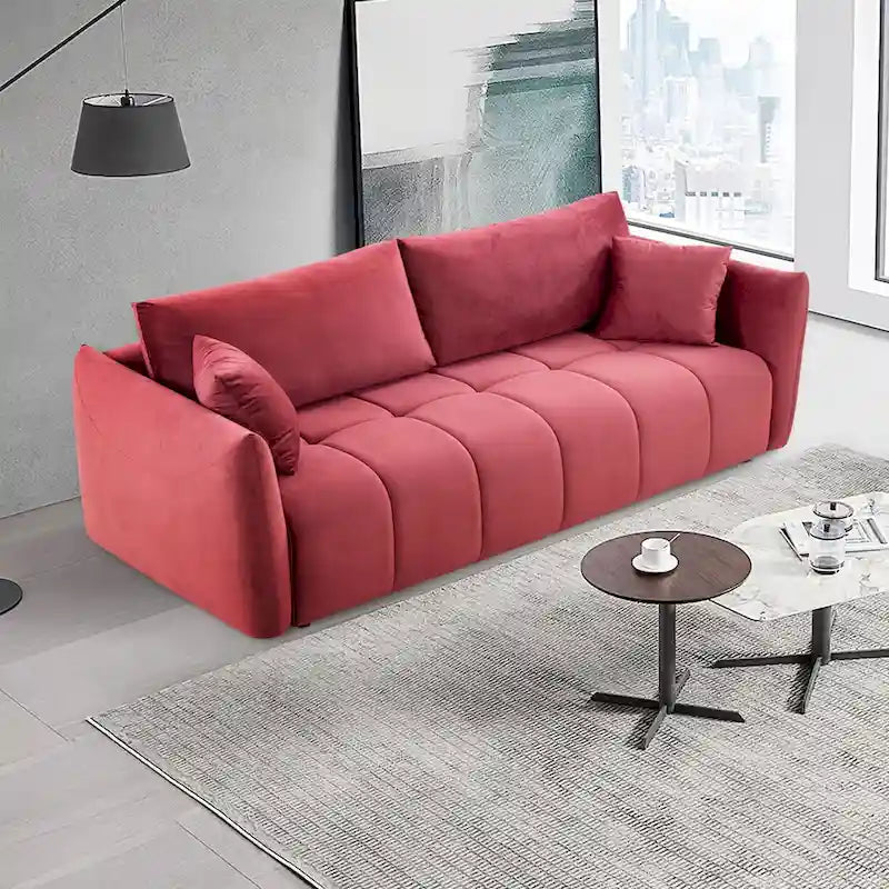 85" 3-Seater Fabric Sofa with 2 Pillows – Beige / Red / Creamy White
