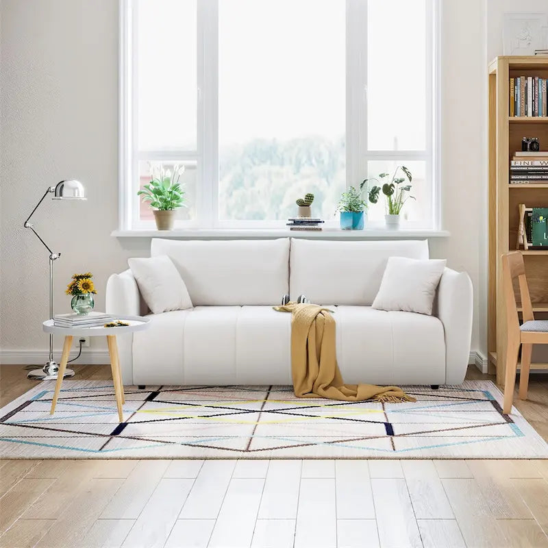 85" 3-Seater Fabric Sofa with 2 Pillows – Beige / Red / Creamy White