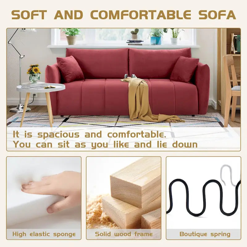 85" 3-Seater Fabric Sofa with 2 Pillows – Beige / Red / Creamy White