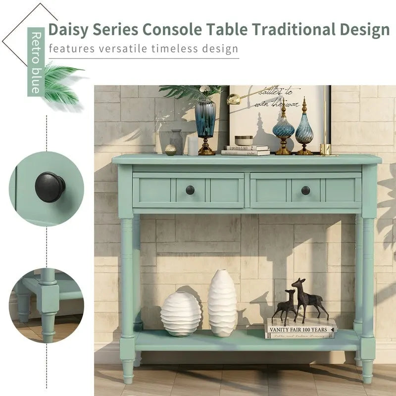 Retro Grey / Blue / Ivory / Espresso / Navy Console Table – 2 Drawers, Bottom Shelf, Seats 1