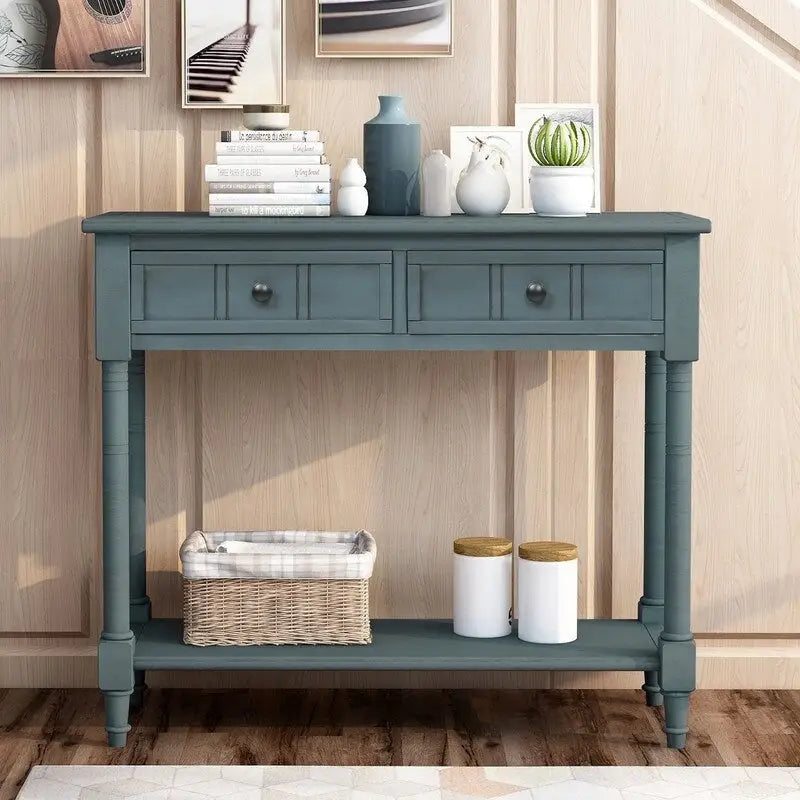 Retro Grey / Blue / Ivory / Espresso / Navy Console Table – 2 Drawers, Bottom Shelf, Seats 1