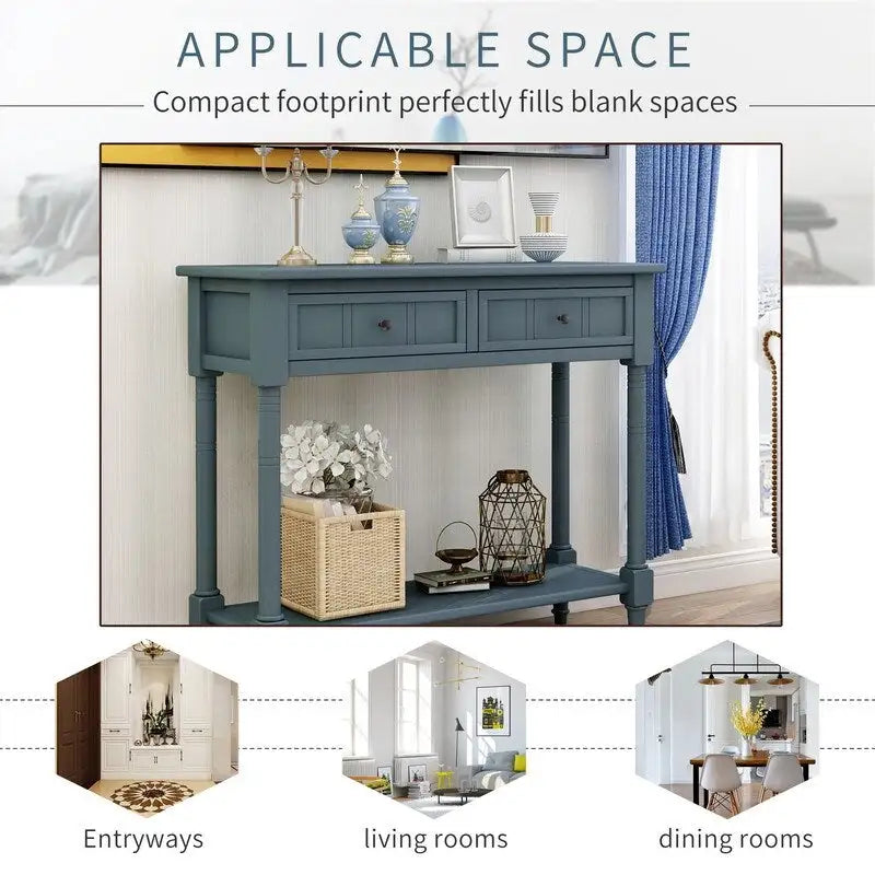 Retro Grey / Blue / Ivory / Espresso / Navy Console Table – 2 Drawers, Bottom Shelf, Seats 1