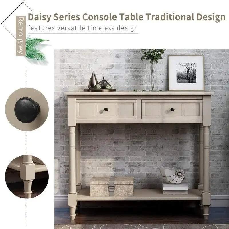 Retro Grey / Blue / Ivory / Espresso / Navy Console Table – 2 Drawers, Bottom Shelf, Seats 1