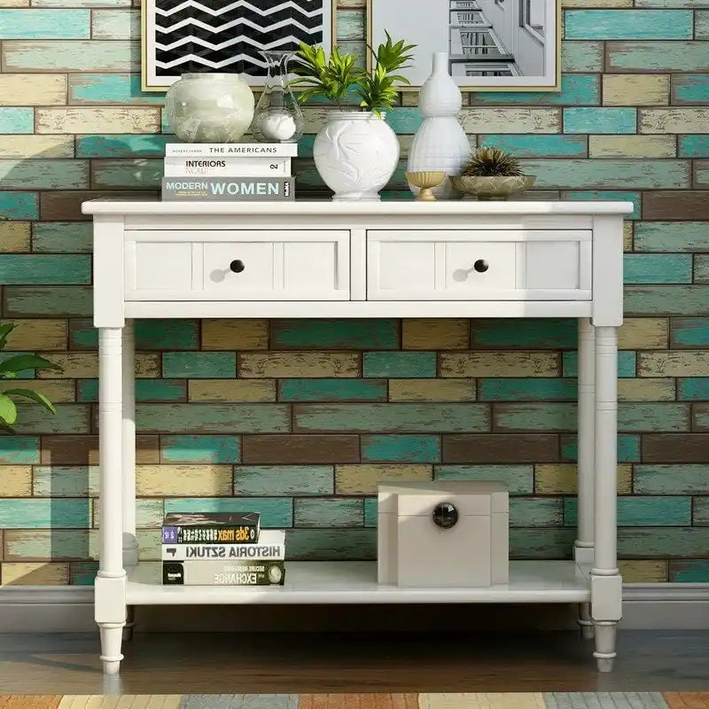 Retro Grey / Blue / Ivory / Espresso / Navy Console Table – 2 Drawers, Bottom Shelf, Seats 1