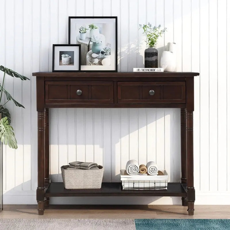 Retro Grey / Blue / Ivory / Espresso / Navy Console Table – 2 Drawers, Bottom Shelf, Seats 1