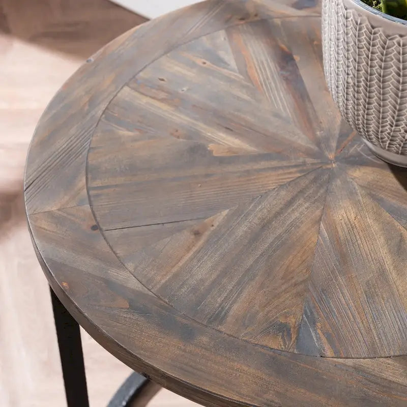 Brown/Black Industrial Round Side Table, Reclaimed Wood Top, 1-Person