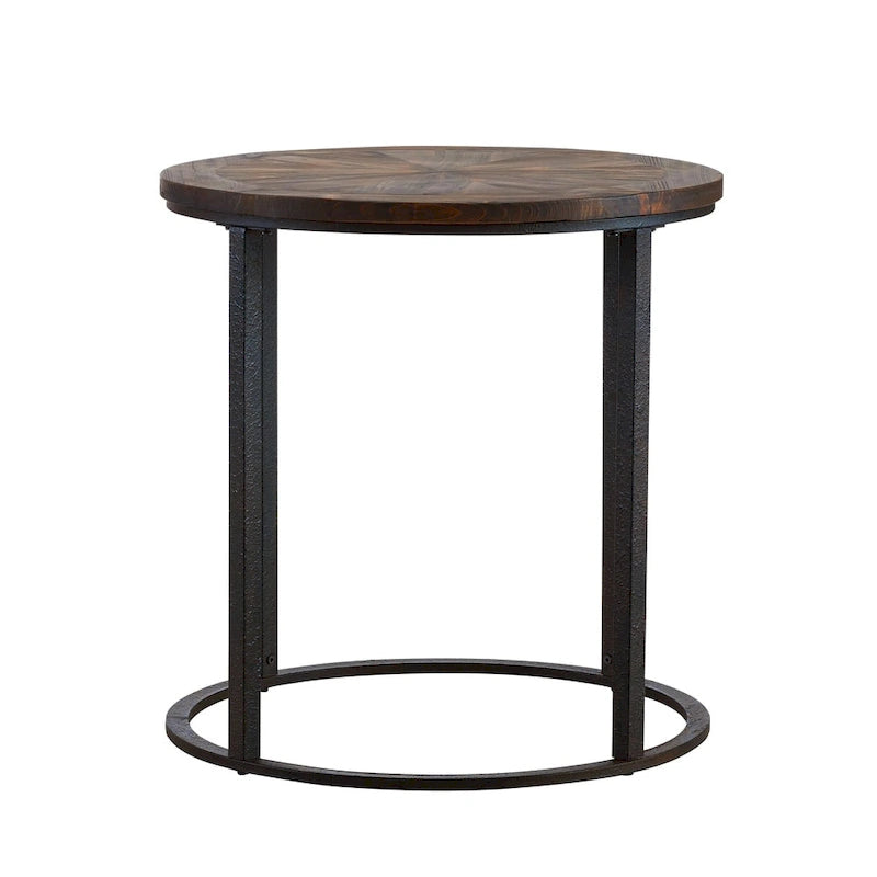 Brown/Black Industrial Round Side Table, Reclaimed Wood Top, 1-Person