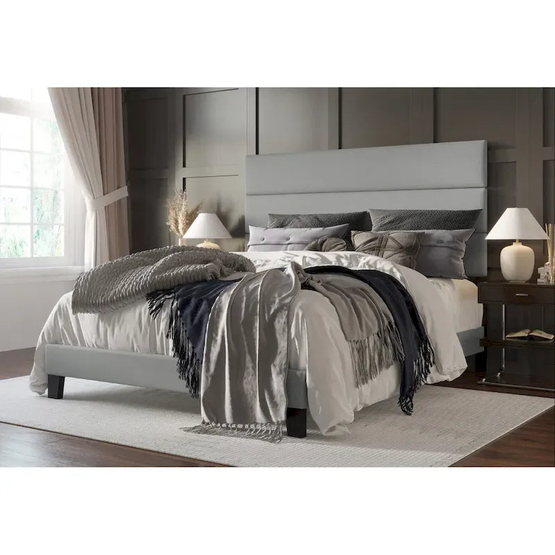 Gray Upholstered Platform Bed, Panel Style, 1-2 Person