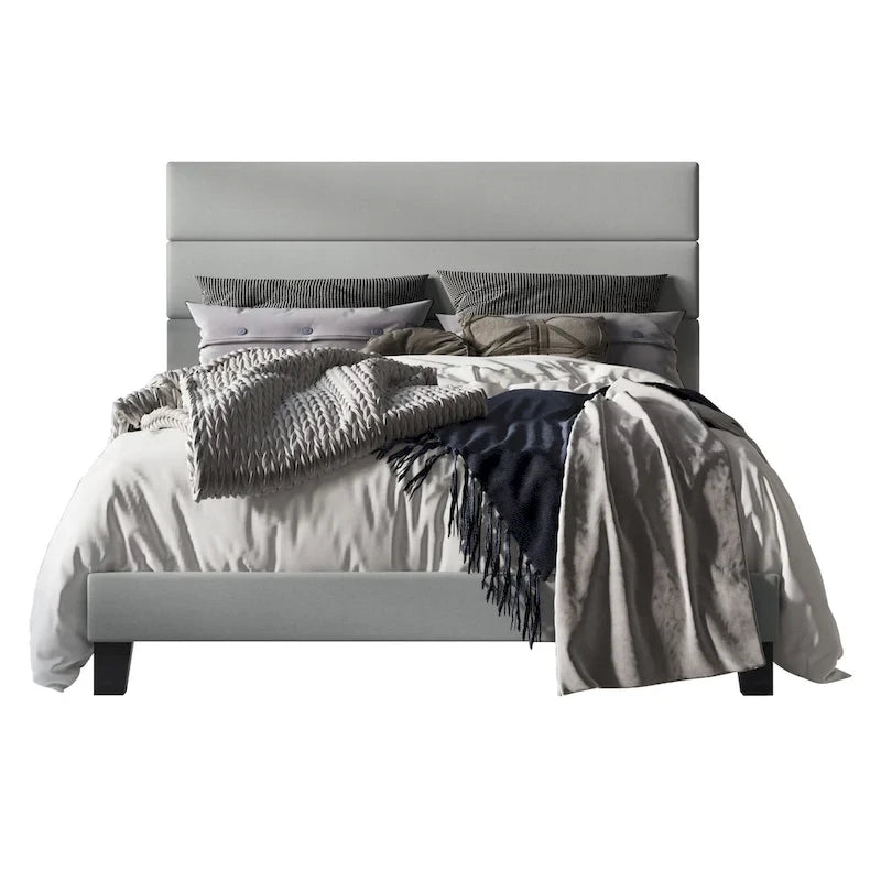 Gray Upholstered Platform Bed, Panel Style, 1-2 Person