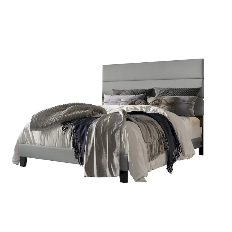 Gray Upholstered Platform Bed, Panel Style, 1-2 Person