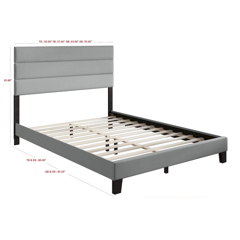 Gray Upholstered Platform Bed, Panel Style, 1-2 Person