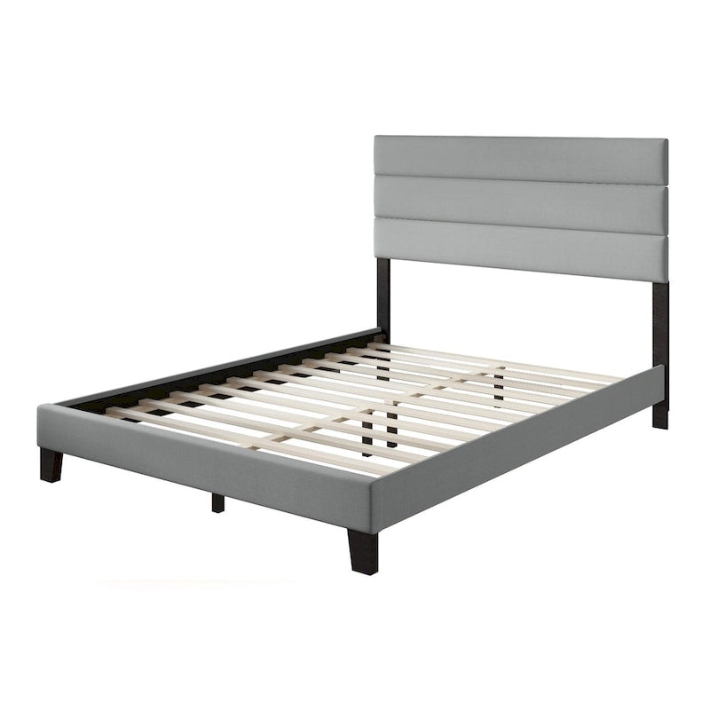 Gray Upholstered Platform Bed, Panel Style, 1-2 Person