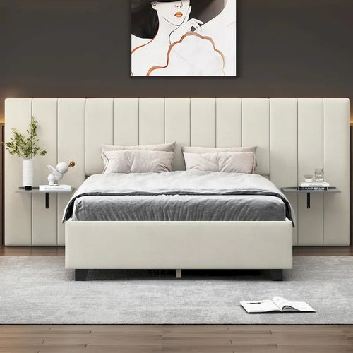 Beige Velvet Platform Bed with Headboard Shelves, Full/Queen, Sleeps 2