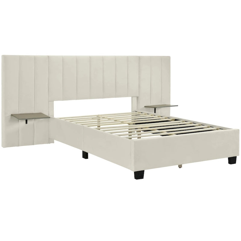 Beige Velvet Platform Bed with Headboard Shelves, Full/Queen, Sleeps 2