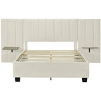 Beige Velvet Platform Bed with Headboard Shelves, Full/Queen, Sleeps 2
