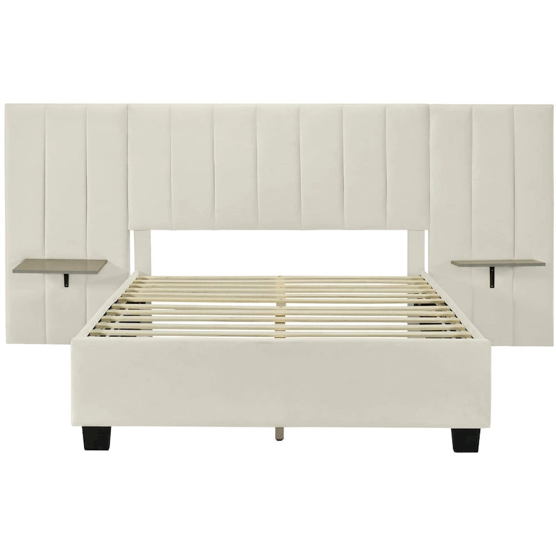 Beige Velvet Platform Bed with Headboard Shelves, Full/Queen, Sleeps 2