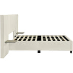 Beige Velvet Platform Bed with Headboard Shelves, Full/Queen, Sleeps 2