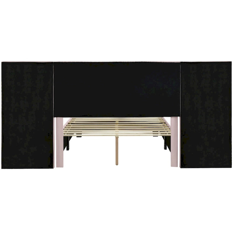 Beige Velvet Platform Bed with Headboard Shelves, Full/Queen, Sleeps 2