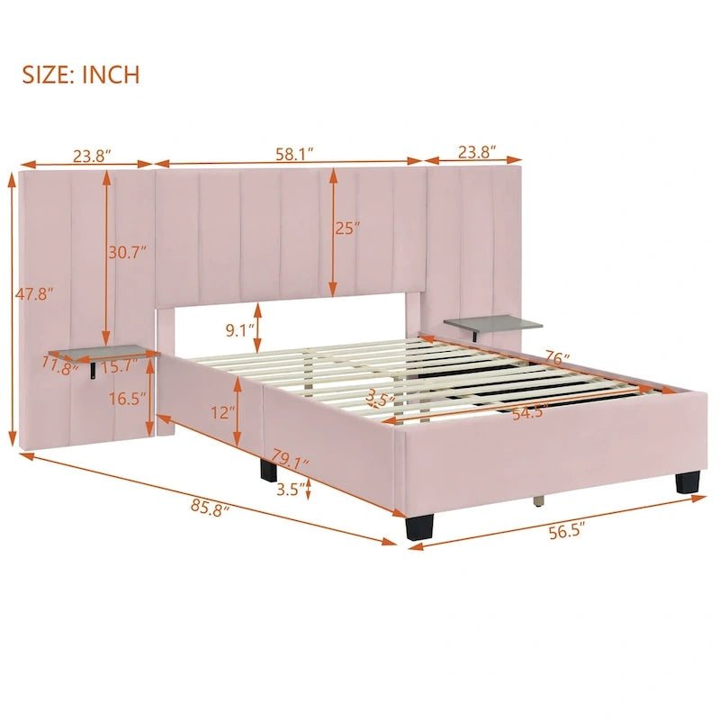 Beige Velvet Platform Bed with Headboard Shelves, Full/Queen, Sleeps 2
