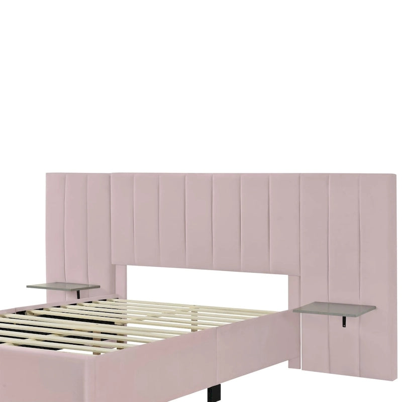 Beige Velvet Platform Bed with Headboard Shelves, Full/Queen, Sleeps 2