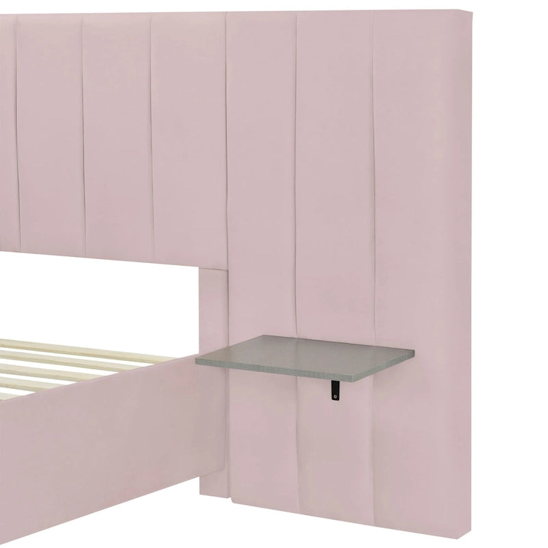 Beige Velvet Platform Bed with Headboard Shelves, Full/Queen, Sleeps 2