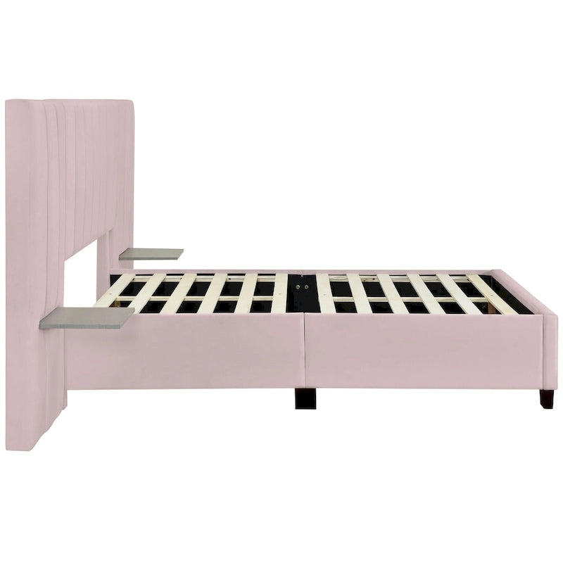 Beige Velvet Platform Bed with Headboard Shelves, Full/Queen, Sleeps 2