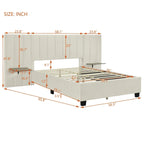 Beige Velvet Platform Bed with Headboard Shelves, Full/Queen, Sleeps 2