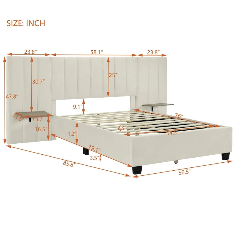 Beige Velvet Platform Bed with Headboard Shelves, Full/Queen, Sleeps 2