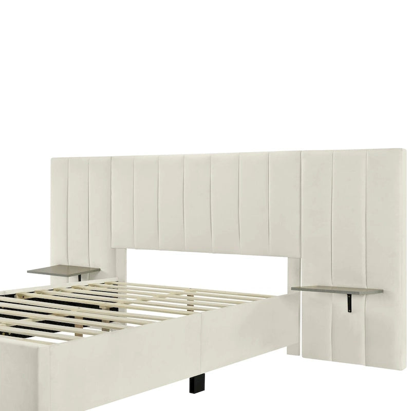 Beige Velvet Platform Bed with Headboard Shelves, Full/Queen, Sleeps 2
