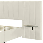 Beige Velvet Platform Bed with Headboard Shelves, Full/Queen, Sleeps 2