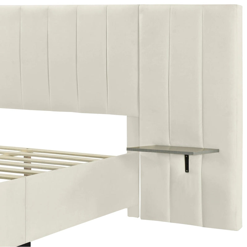 Beige Velvet Platform Bed with Headboard Shelves, Full/Queen, Sleeps 2