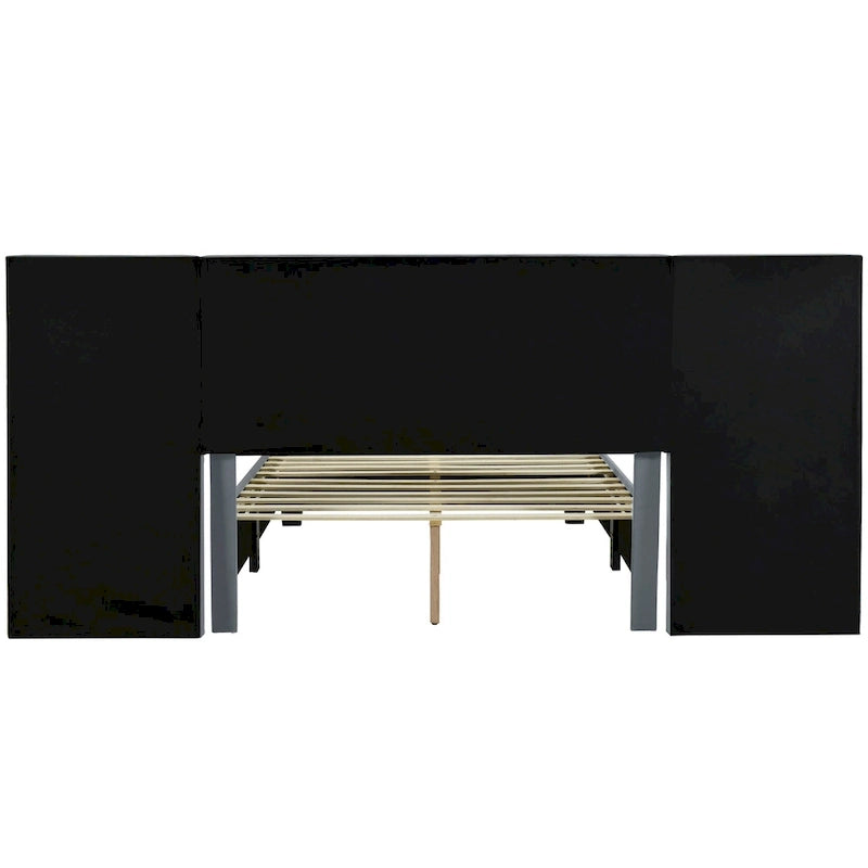 Beige Velvet Platform Bed with Headboard Shelves, Full/Queen, Sleeps 2