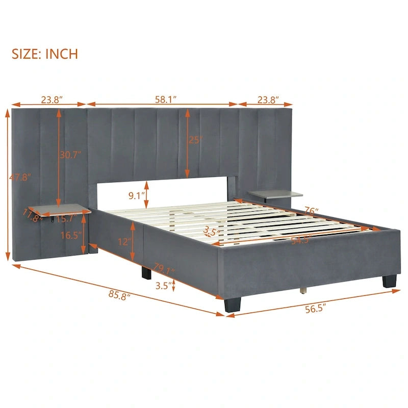 Beige Velvet Platform Bed with Headboard Shelves, Full/Queen, Sleeps 2