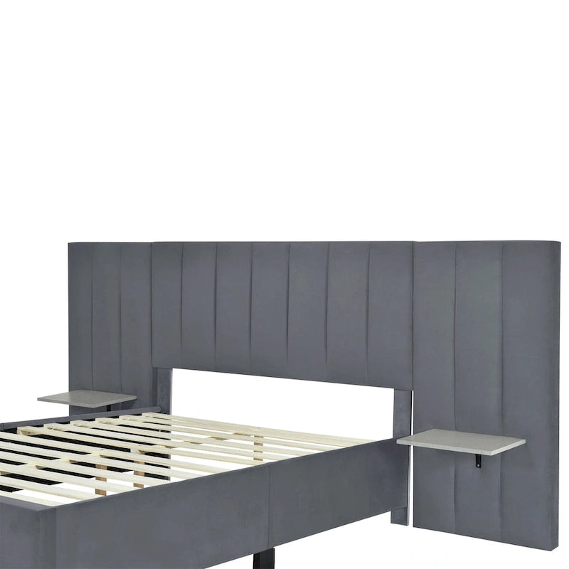 Beige Velvet Platform Bed with Headboard Shelves, Full/Queen, Sleeps 2