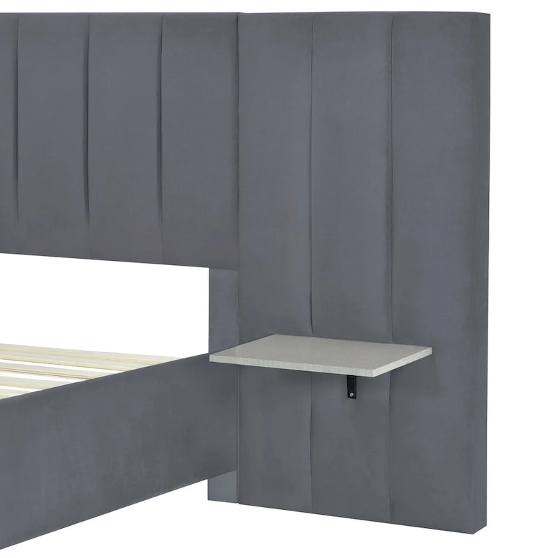 Beige Velvet Platform Bed with Headboard Shelves, Full/Queen, Sleeps 2
