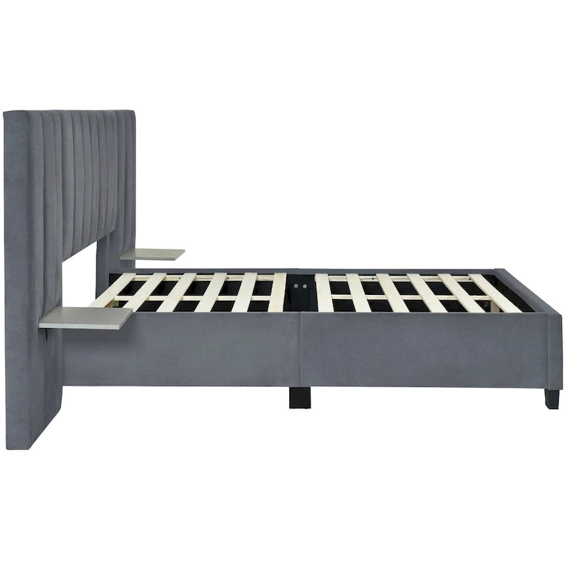 Beige Velvet Platform Bed with Headboard Shelves, Full/Queen, Sleeps 2