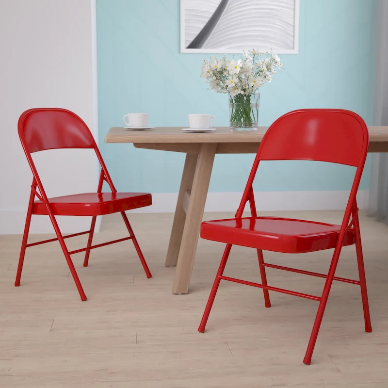 Metal Folding Chair, Set of 2 – Red / Black / Beige / Gray, Seats 2