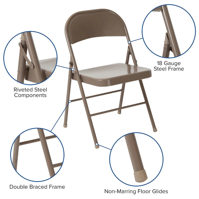 Metal Folding Chair, Set of 2 – Red / Black / Beige / Gray, Seats 2