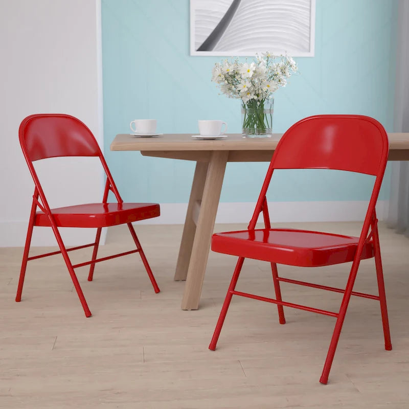 Metal Folding Chair, Set of 2 – Red / Black / Beige / Gray, Seats 2