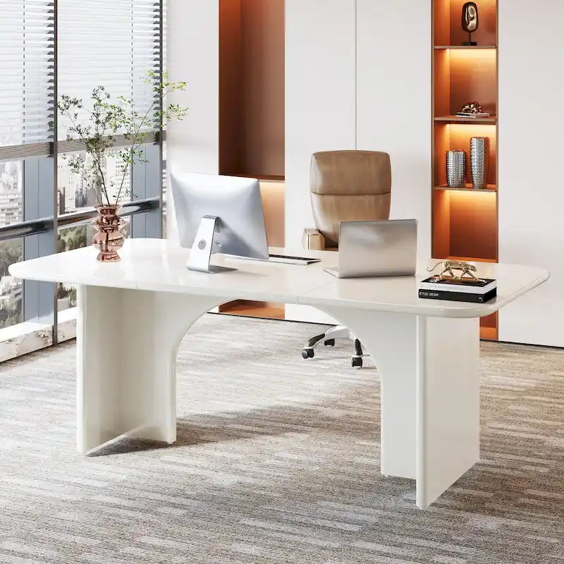 63" White/Black Arch-Base Computer Desk, 2-Person