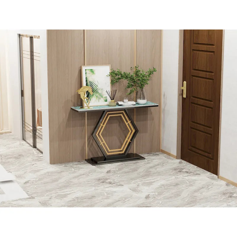 White & Black / Emerald Green & Black Console Table, Geometric Metal Base, 47.2x11.8x30.7"