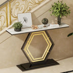 White & Black / Emerald Green & Black Console Table, Geometric Metal Base, 47.2x11.8x30.7"