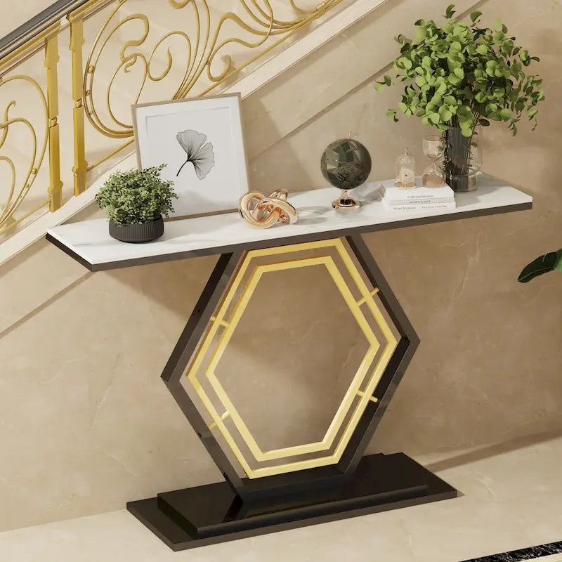 White & Black / Emerald Green & Black Console Table, Geometric Metal Base, 47.2x11.8x30.7"