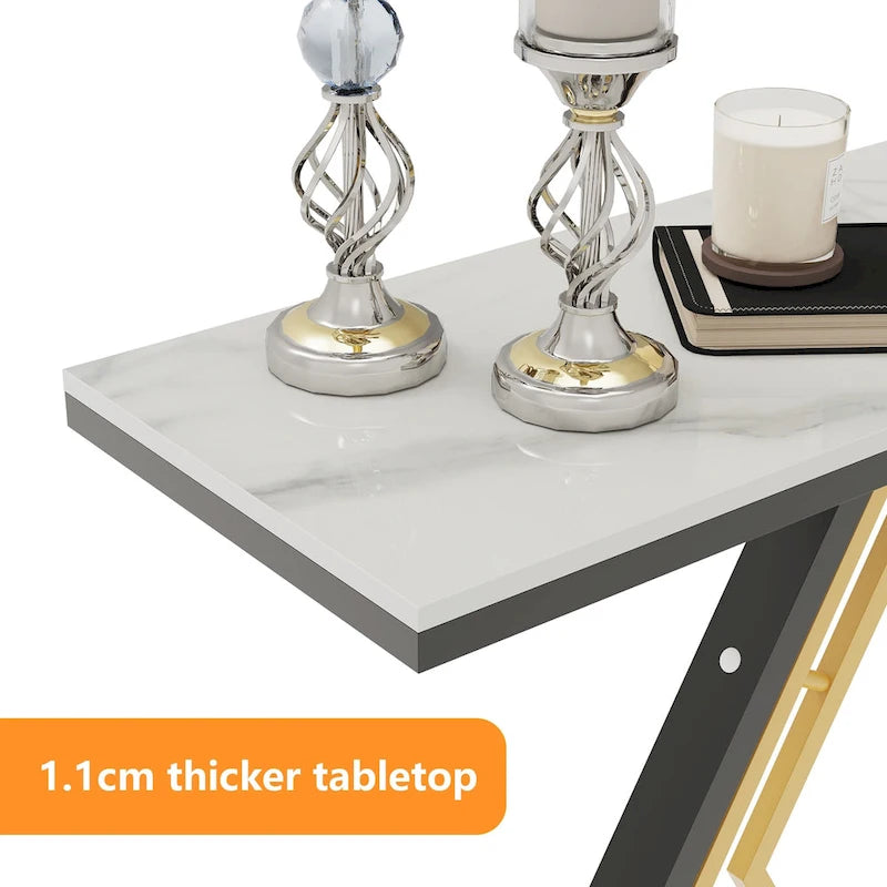 White & Black / Emerald Green & Black Console Table, Geometric Metal Base, 47.2x11.8x30.7"