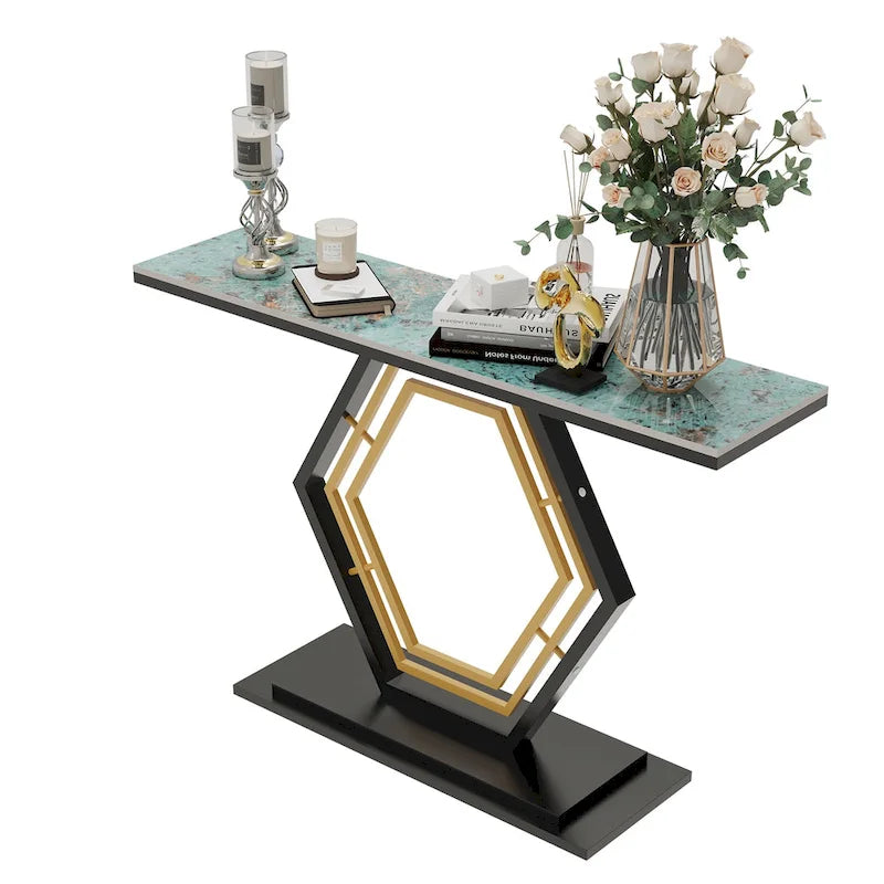 White & Black / Emerald Green & Black Console Table, Geometric Metal Base, 47.2x11.8x30.7"