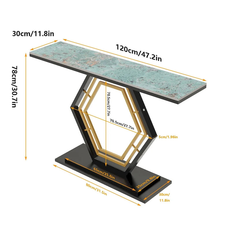 White & Black / Emerald Green & Black Console Table, Geometric Metal Base, 47.2x11.8x30.7"