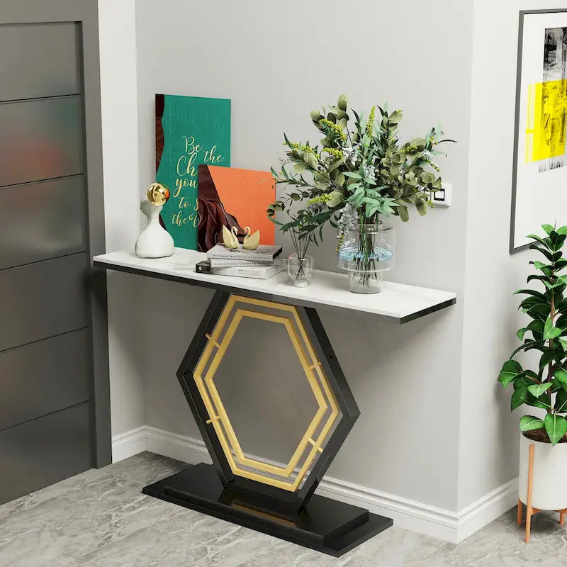 White & Black / Emerald Green & Black Console Table, Geometric Metal Base, 47.2x11.8x30.7"