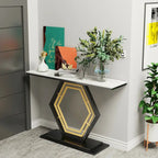 White & Black / Emerald Green & Black Console Table, Geometric Metal Base, 47.2x11.8x30.7"