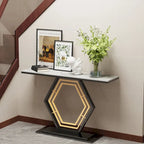 White & Black / Emerald Green & Black Console Table, Geometric Metal Base, 47.2x11.8x30.7"